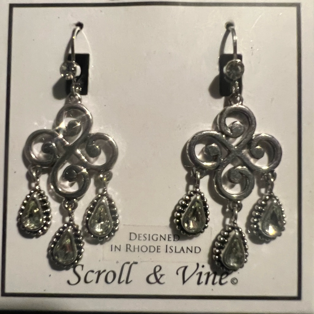 Scroll & Vine Silver Dangle Earrings With Crystal Accents